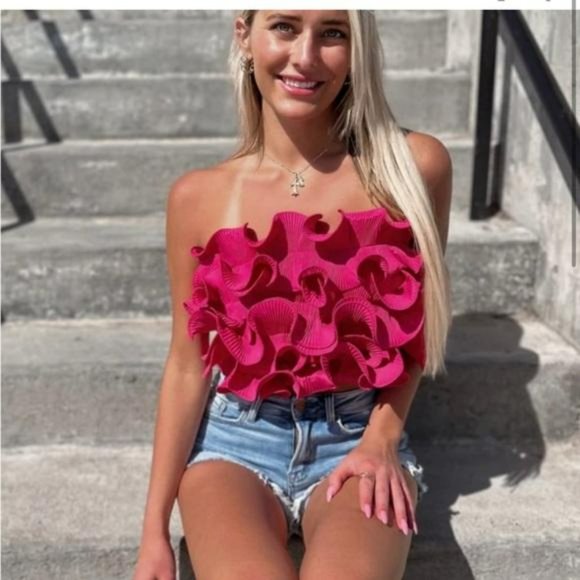 ZARA FUCHSIA ORGANZA RUFFLED CROP TOP - Picture 1 of 9
